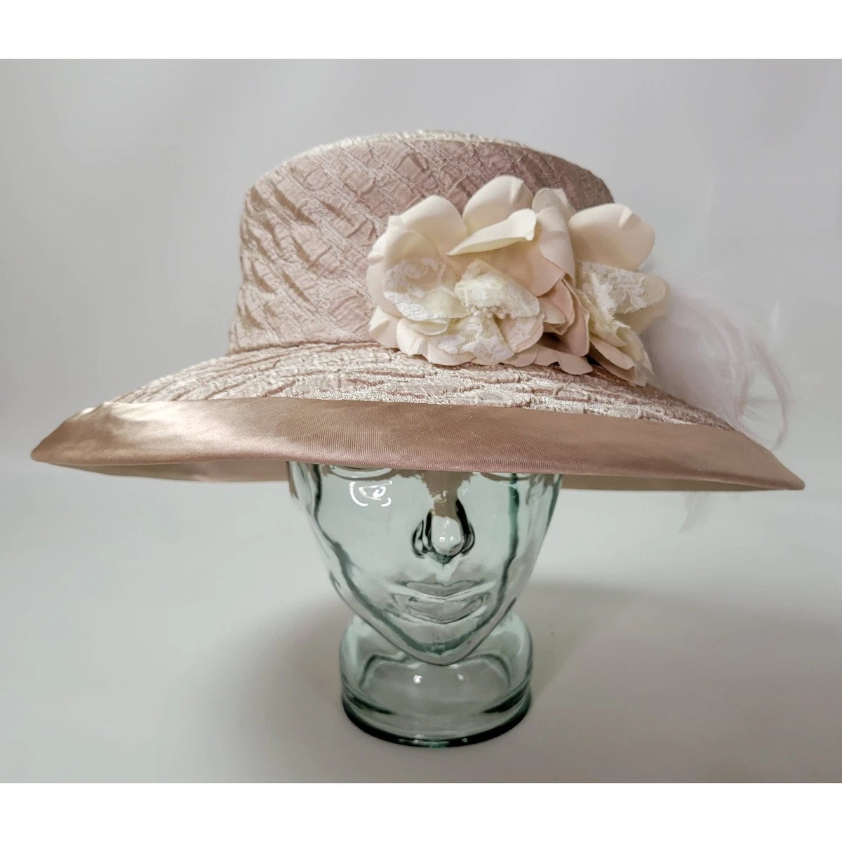 Cream Wide-brimmed Felt Fedora Hat with Feather and Floral Embellishment Bridal Boho Western Wedding Floral Bridal Hat Band Only 984v – The  main image 3