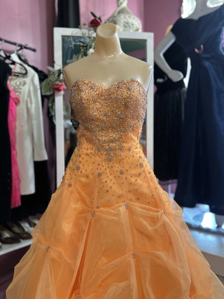 Vestido de baile vintage Y2K años 2000 graduación quinceañera naranja sin tirantes cuentas hadas XS Foto 3 de 4