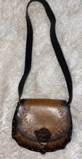 VTG Hand Tooled Painted Flowers Brown Leather Saddle Bag Purse Boho Hippie
