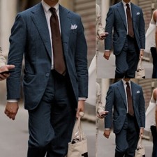 Navy Seersucker Men's Suits Summer Party Jacket Evening Wedding Tuxedos 2 Pieces