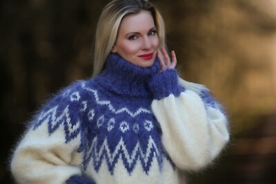 Blue mohair sweater Icelandic ivory fuzzy SUPERTANYA hand knitted