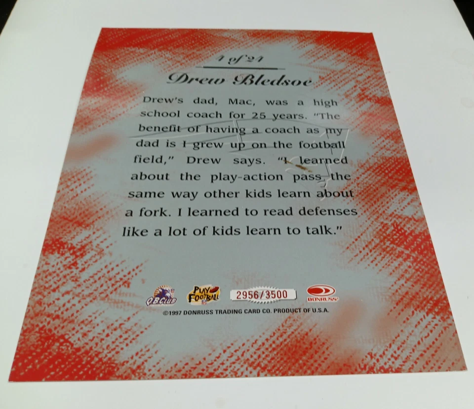 1997 Donruss Studio Drew Bledsoe 8x10 Red Zone Masterpieces (2956/3500) NICE!! - Image 2 of 3