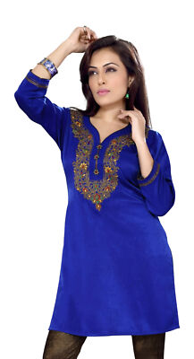 RangMahal - Pantalon Kurta Pour Femme - Broderie Indienne Et Séquence - Avec Imprimé Pinceau, Bleu, Medium