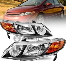 For 2006-2011 Honda Civic Sedan  Black Amber Headlights Assembly Left+Right
