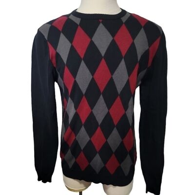 Buffalo David Bitton argyle black gray red crew neck cotton sweater