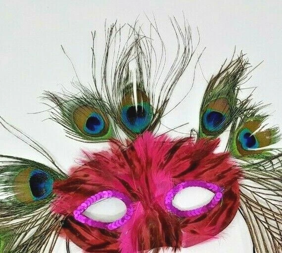 Halloween Fuchsia Feather Pink Sequins With Peacock Feathers Mardi Gras Masks - Image 3 of 4