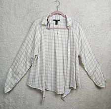 Forever 21 Women Top Medium Cream Plaid Rayon Long Sleeve Front Tie Casual Fit