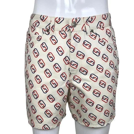 Short homme Gucci ovale imbriqué imprimé monogramme GG jean blanc cassé taille 30
