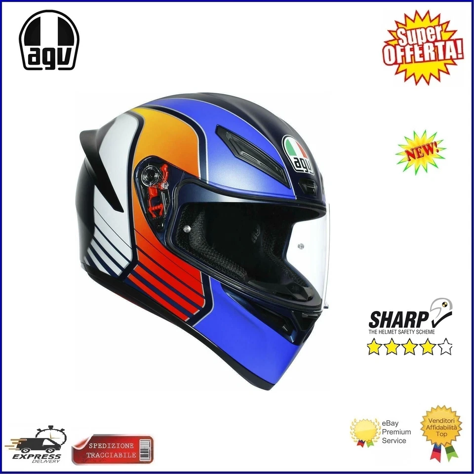 Casque Integrale Moto AGV K1 Power mat bleu foncé orange blanc - Photo 1/4