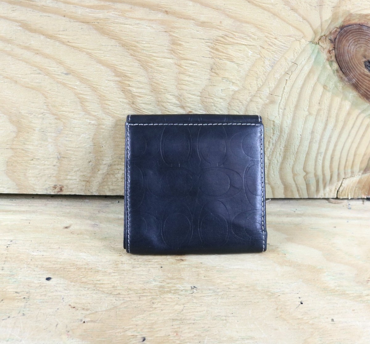 Coach Wallet Womens Black Leather Signature Logo Trifold Coin