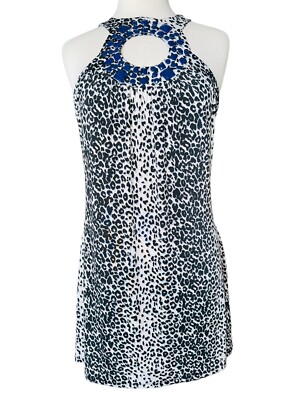 A10* Vtg Cache Leopard Print Dress Large Made in USA Womens Keyhole Blue  Y2K | eBay