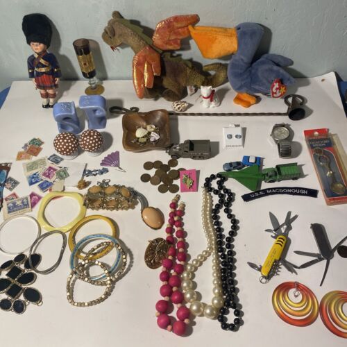 Vintage Junk Drawer Lot GENUINE BLUE TOPAZ STUD EARRINGS Beanie Babies, And More - Picture 1 of 24
