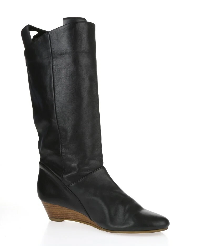 Mujer MARKON Botas altas de cuero negro con cuña talla 7 Foto 4 de 4