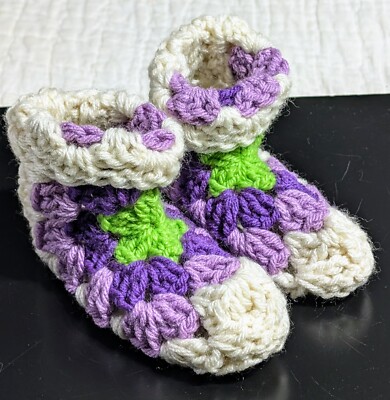 NEW Granny Square Kids Socks Slippers Fits 4Y-7Y Handmade Knitted White Purple