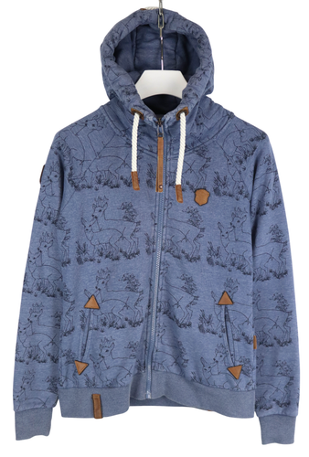 NAKETANO Hoodie Damen LARGE Full Zip Kapuze gemustert Taschen Melange Blau