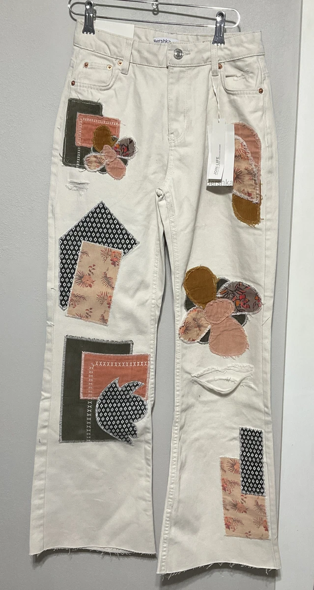 Bershka Boot cut patchwork twill trousers Cream Size 2 eBay