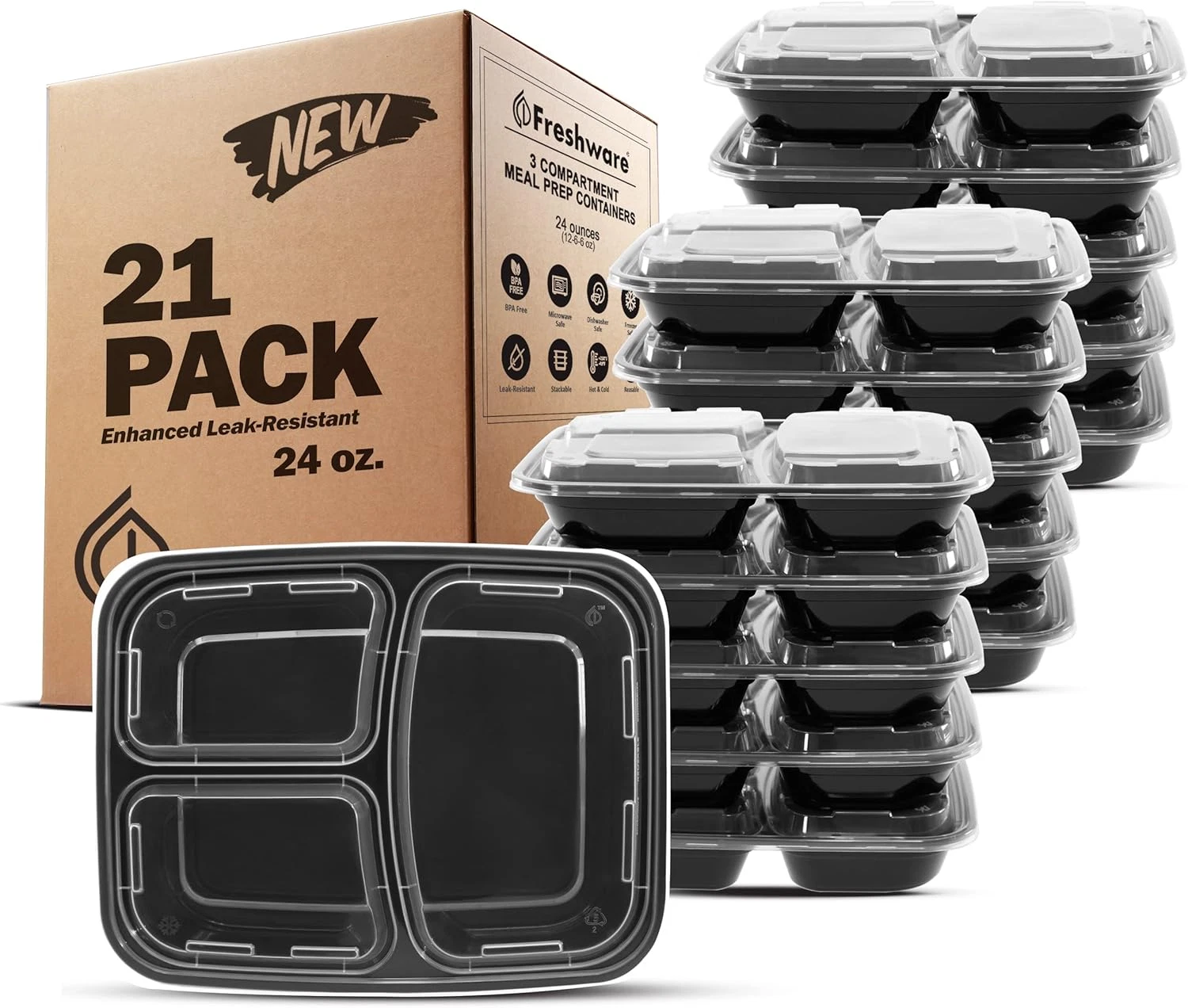 Meal Prep Containers [21 Pack] 3 Compartment with Lids, Storage Containers, Ben