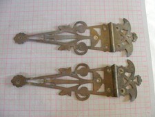 Antique pair of brass Elaborately pierced Gothic cabinet hinges 10" x 3.25"