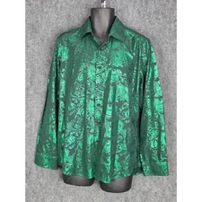 Barry Wang Mens Emerald Green Paisley Dress Shirt Long Sleeve Sz L Shiny Gatsby