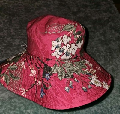 Chicos Reversible Floppy Wide Brim Sun Shade Bucket Hat Floral Blue Chico's