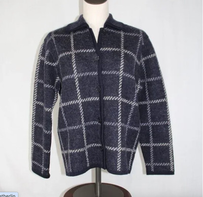 Vintage Talbots Petites Small Checkered Button Up Cardigan Navy White 100% Wool