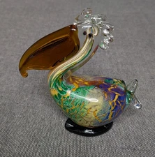 Vintage Murano Style Art Glass Pelican Figurine Paperweight Green Blue Copper