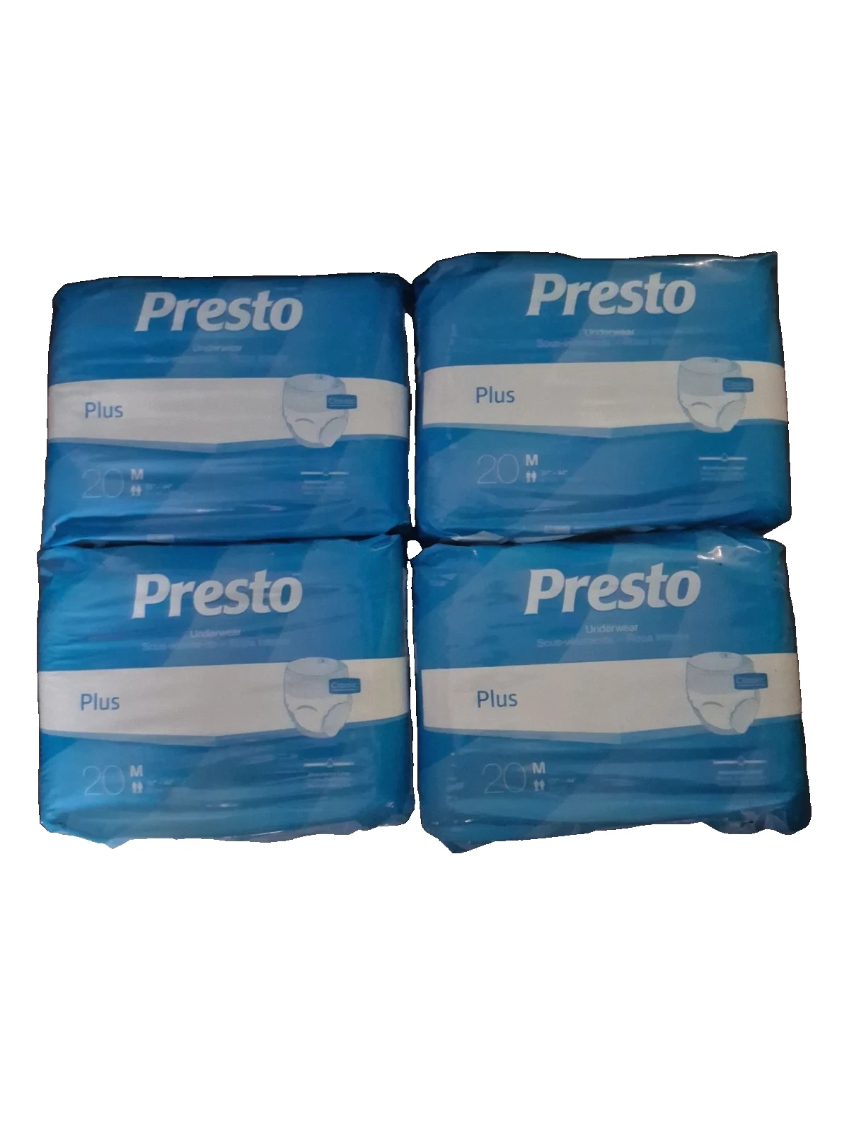 4 Pack, 80 counts, 20 counts each PRESTO Daily Underwear Adult Size M