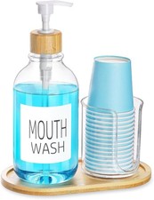 Mouthwash Dispenser with Cup Holder, Plastic Mouth Wash Pump Bottle with