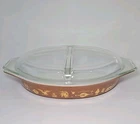 Vintage Pyrex Early American 1.5Qt Divided Casserole Dish w/ Lid, Brown & Gold 1
