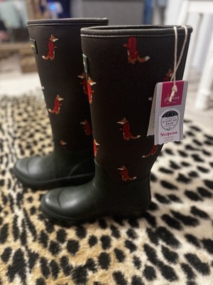 Joules Neoprene Printed Fox Waterproof Knee High Rain Boots Black UK4 EU37 US6