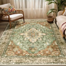Rustic Floral Rug 5x7, Vintage Washable Carpet, Non Slip Floor Mat, Green