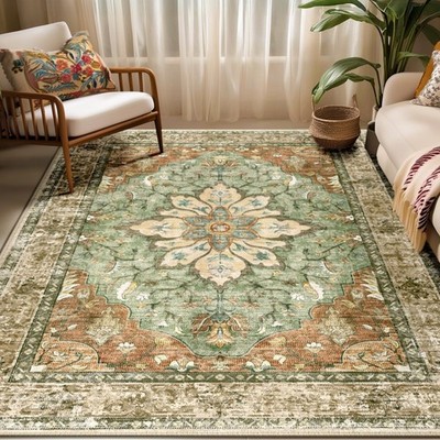 Rustic Floral Rug 5x7, Vintage Washable Carpet, Non Slip Floor Mat, Green