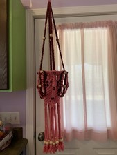Vtg Hanging Macrame Planter W/Beads 46   8   5  Ring System For Pots Beauty 