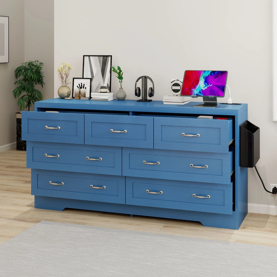 Farmhouse 7 Drawer Blue Dresser 59 in Large Modern Dresser TV Stand for Bedroom - Image 2 of 4