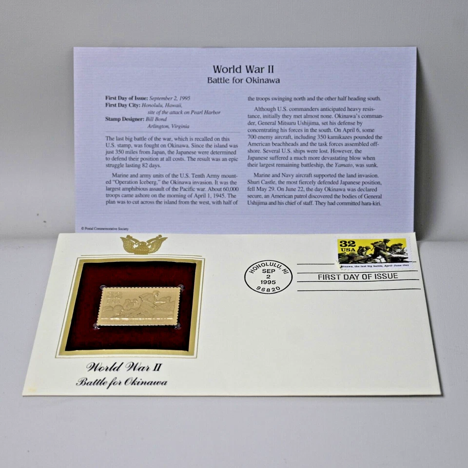 World War II-Battle of Okinawa 1st day issue Golden Replica 32 cent postage stam - Image 3 of 4