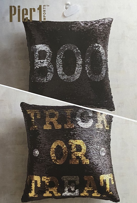 NEW Pier 1 Boo/TRICK OR TREAT Reversible Sequins Pillow, Black, Silver, Gold