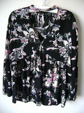 A.N.A. A NEW APPROACH WOMEN'S BLOUSE L BLACK FLORAL TOP BELL SLEEVE CHOKER V