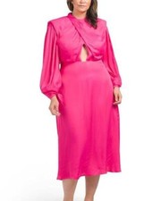 FARM RIO XL Pink Long Sleeve Keyhole Openings Draped Satin Dress NWT $260