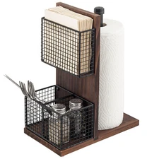 Black Metal and Brown Wood Pipe Napkin Holder, Dining Combo Caddy w/ Spice Rack