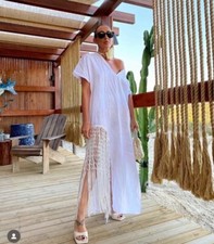 ZARA ABITO LINO FRANGE BIANCO SCOLLO A V NUOVO SS23 TAGLIE XS REF. 7495/810