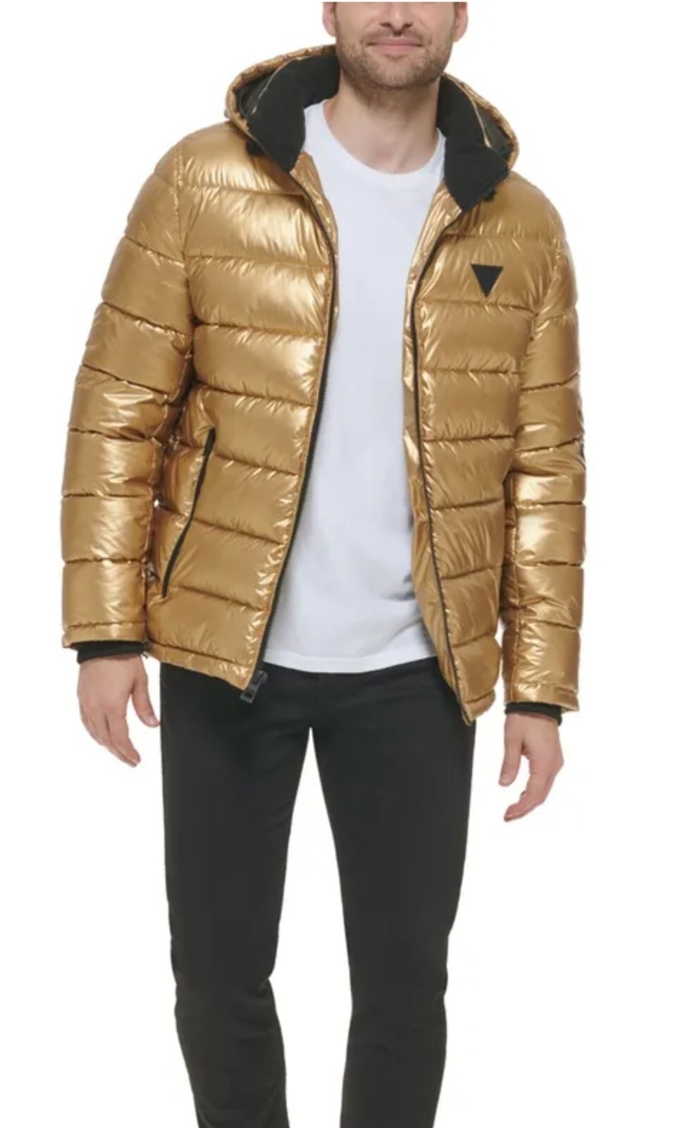 GUESS Men's Holographic Hooded Puffer Jacket Gold M eBay