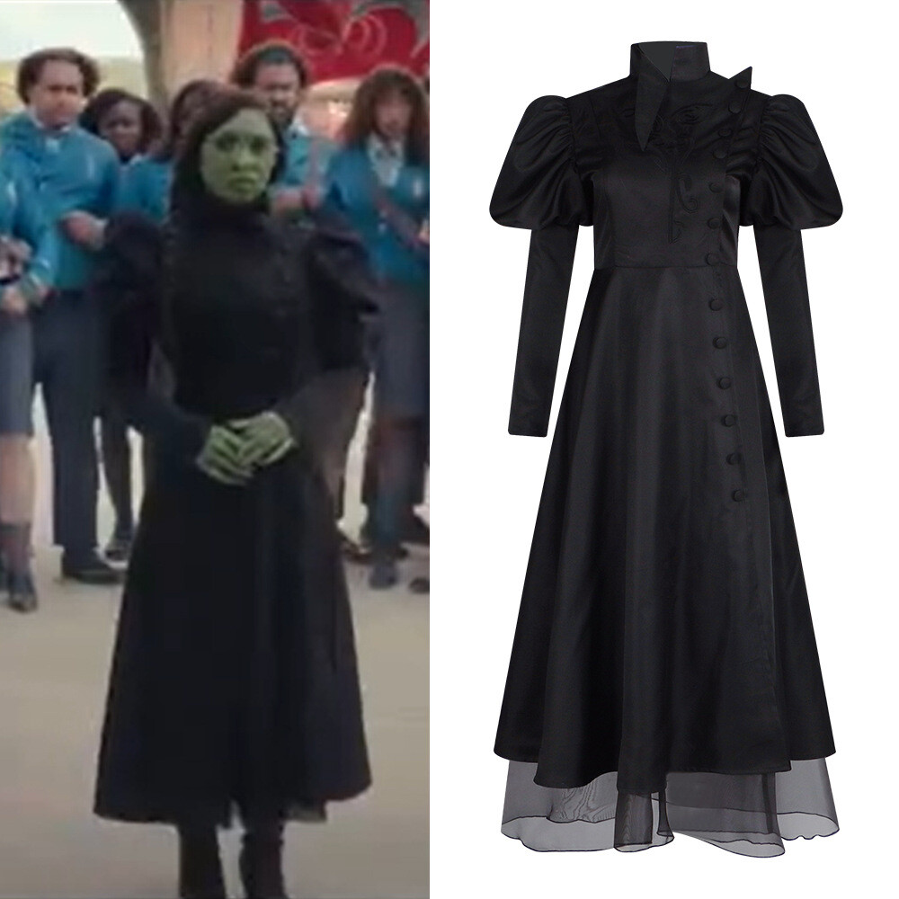 black evening dresses with long sleeves Wicked (2024) Elphaba Black Long Sleeves Dress Witch Outfits Halloween –  Coshduk main image 0