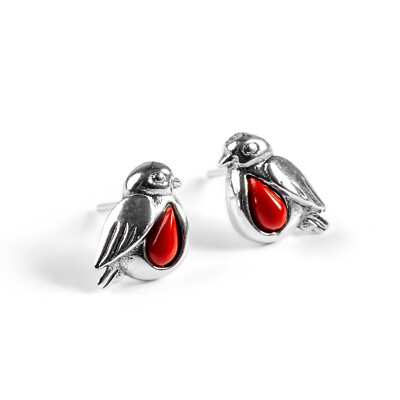 Miniatur Rotkehlchen Gartenvogel Ohrstecker in 925 Sterling Silber rote Koralle
