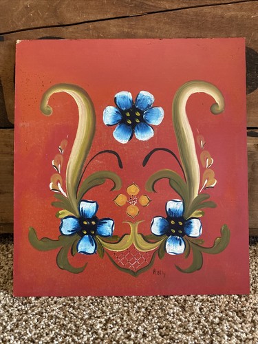 Vintage Norwegian Folk Art Hand Painted Rosemaling on Board 12" x 11" Red Signed - Picture 1 of 6
