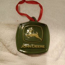 JOHN DEERE ceramic/porcelain Ornament. Green w/logo 3" Ribbon for hanging advert