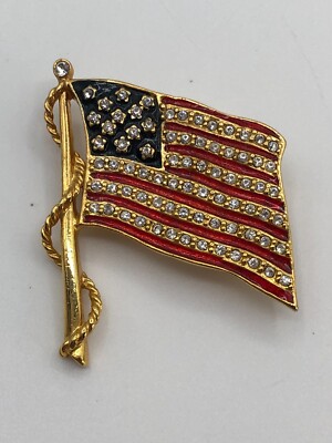 Camrose & Kross Jaqueline Kennedy (JBK) USA Flag Enamel Rhinestone Pin Brooch