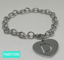 BRACCIALE CON LETTERA ALFABETO D IN ACCIAIO COLOR ARGENTO SILVER CUORE LOVE 