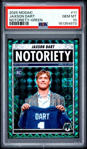 Panini 2025 Mosaic Jaxson Dart Notoriety Green Mosaic Prizm #11 (RC) PSA 10