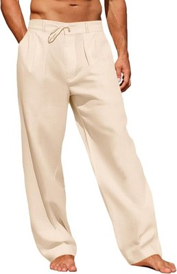 Mens Linen Cotton Casual Pants Summer Lightweight Loose Fit Elastic Waist Drawst