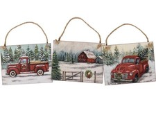 Winter Christmas Farm Life Red Truck/Barn Winter Scene Set Of 3 Wood Ornaments